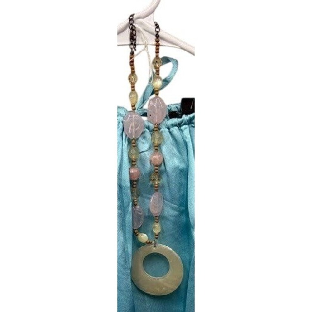 Bohemian Beaded Statement Necklace Rose Pink Green Stones Large Ring‎ Pendant